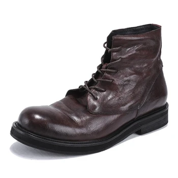 Мужские ботинки Зимняя кожаная мужская обувь Высококачественные ботинки в стиле ретро Трендовые мужские винтажные ботинки с круглым носком на высоком каблуке