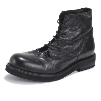 Мужские ботинки Зимняя кожаная мужская обувь Высококачественные ботинки в стиле ретро Трендовые мужские винтажные ботинки с круглым носком на высоком каблуке Изображение 2
