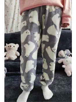 Пижамные брюки из кораллового бархата с принтом медведя и коалы, молодежная женская одежда, осенне-зимние фланелевые пижамы, пижамные брюки для девочек Y 2k Изображение 2
