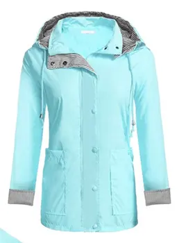 Женский легкий дождевик с капюшоном и 2 большими карманами, водонепроницаемая куртка-дождевик на молнии с длинным рукавом, уличная дождевиковая одежда Изображение 2