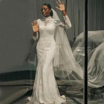 Великолепные кружевные аппликации Свадебные платья Русалочки С шлейфом Vestido De Casamento С длинными рукавами И высоким воротником Свадебные платья