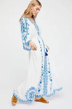 TEELYNN Женское Платье Макси с цветочной Вышивкой и длинным Рукавом и ремешком, Белое Винтажное Платье с V-образным вырезом в стиле Бохо, Пляжное Женское платье, халат.