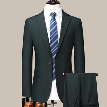 Высококачественный деловой повседневный (костюм + брюки) 2023 Новый мужской модный костюм Тренд Красивый Корейский полосатый костюм из двух частей