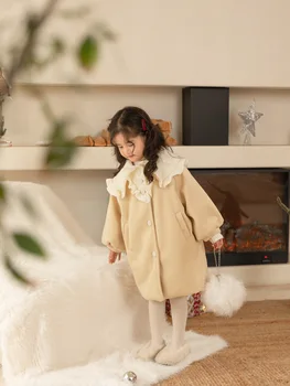 Верхняя одежда, Корейская детская одежда, шерстяное пальто для девочек, зимнее новое вязаное пальто средней длины с отложным воротником Изображение 2