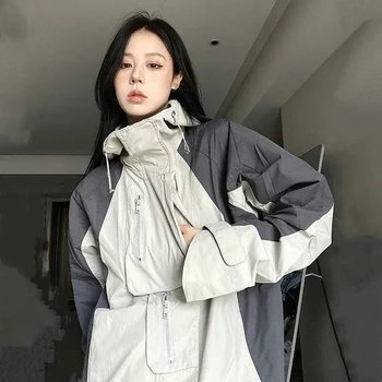 Уличная куртка в стиле ретро, женская уличная одежда Y2k, Теплое водонепроницаемое пальто с большим осенним капюшоном и многофункциональным карманом, Корейская мода