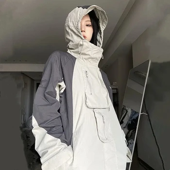 Уличная куртка в стиле ретро, женская уличная одежда Y2k, Теплое водонепроницаемое пальто с большим осенним капюшоном и многофункциональным карманом, Корейская мода Изображение 2