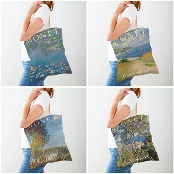 Хозяйственная сумка Monet Picasso Parrot Butterfly Mountain с двойным принтом, Эко-повседневные сумки для покупок в скандинавском стиле, женская холщовая сумка-тоут, женские сумки Изображение 2