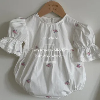 Летняя одежда сестры 2023 года С цветочной вышивкой Для девочек, белое кружевное платье, хлопковый комбинезон с запахом для новорожденных, детские наряды Изображение 2