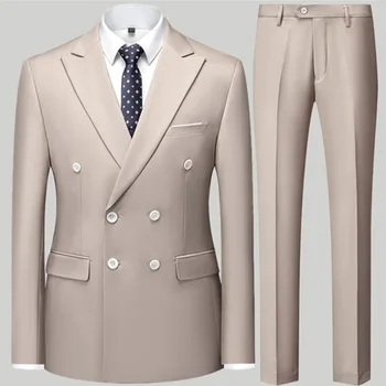 Модный Новый мужской повседневный бутик 2024, Двубортный костюм Slim Fit, деловые повседневные костюмы, куртка, Блейзеры, пальто, брюки, комплект из 2 предметов