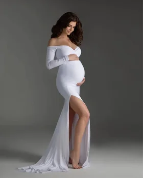 Женское платье для беременных, платье для фотосессии с V-образным вырезом и разрезным подолом, одежда для беременных, комбинезон, хлопковое платье для фотосъемки Изображение 2