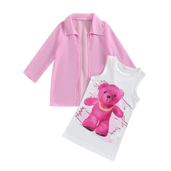 Комплекты из двух предметов для маленьких девочек, летние платья-майки без рукавов с медвежьим принтом и шифоновый кардиган для пляжной вечеринки, милая одежда