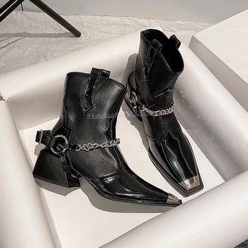 Новые осенние Ботильоны с металлическим квадратным носком, Эластичные ботинки из лакированной кожи с пряжкой на толстом каблуке и цепочкой
