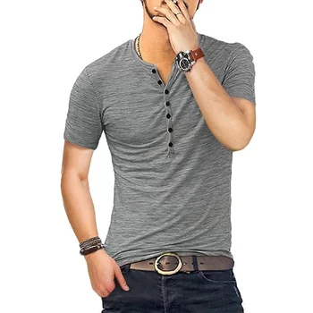 A2633 Мужская футболка Henley С коротким рукавом, Стильная Приталенная футболка на пуговицах С V-образным вырезом, Повседневные Мужские футболки Американского размера