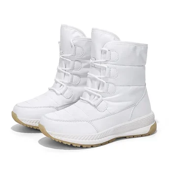 2024 snowwomen, водонепроницаемая, сохраняющая тепло Плюшевая обувь на платформе, женские ботинки до середины икры на шнуровке, Зимняя обувь Botas Femininas