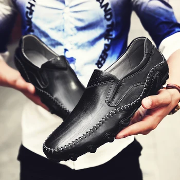 Летние Дышащие Мужские Лоферы из высококачественной кожи, Мужская Повседневная уличная обувь, Мокасины, Мужская деловая обувь без застежки, Обувь для вождения Изображение 2