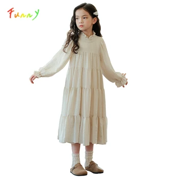 Детское платье для девочек-подростков, многослойное платье миди принцессы с длинным рукавом для девочек, весенне-осенняя детская одежда от 6 до 16 лет