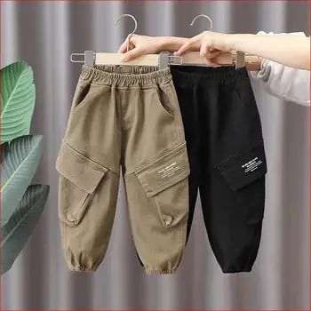 Брюки-карго для мальчиков, детские весенне-осенние повседневные подростковые брюки, однотонные детские штаны для маленьких мальчиков, спортивные спортивные штаны, одежда Изображение 2