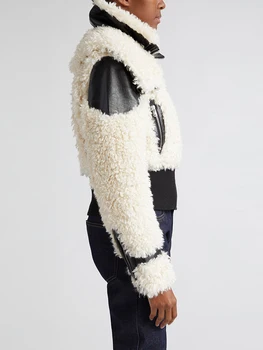 Повседневные куртки из овечьей шерсти в стиле пэчворк VGH С лацканами и длинными рукавами, застежки-молнии, Темпераментная куртка, Женская модная одежда Изображение 2