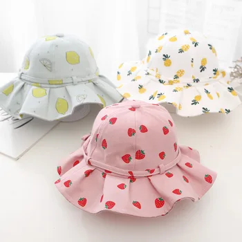 Летняя шляпка для маленьких девочек, Хлопковые детские шапочки-ведерки с фруктами, защита от солнца, Детская шапочка принцессы с бантом для девочек, Пляжные путешествия от 1 до 3 лет