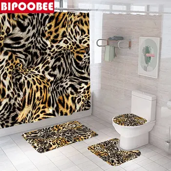 Занавеска для душа с леопардовым 3D принтом, Комплект штор для ванной комнаты, Крышка унитаза, Коврики для ванной, Нескользящий ковер, Ширма для ванны с крючками