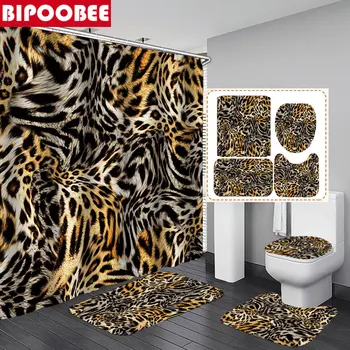Занавеска для душа с леопардовым 3D принтом, Комплект штор для ванной комнаты, Крышка унитаза, Коврики для ванной, Нескользящий ковер, Ширма для ванны с крючками Изображение 2