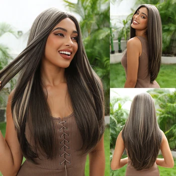 Синтетические парики из натуральных волос на шнурке спереди, длинные прямые черные с коричневым оттенком, средняя часть, кружевной парик 1X1 для женщин, термостойкий