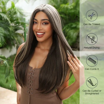 Синтетические парики из натуральных волос на шнурке спереди, длинные прямые черные с коричневым оттенком, средняя часть, кружевной парик 1X1 для женщин, термостойкий Изображение 2