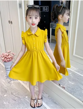 Новое летнее шифоновое платье для маленьких девочек, Милое детское платье с коротким рукавом и отложным воротником, детское школьное платье принцессы для вечеринки