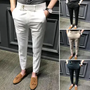 Шикарные девятые брюки, однотонные приталенные мужские девятые брюки, средняя талия, мужские девятые брюки против морщин Изображение 2