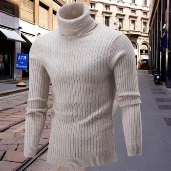 Новый осенне-зимний мужской свитер с высоким воротом, мужской вязаный пуловер с круглым вырезом, вязаный повседневный свитер, теплый мужской пуловер Изображение 2