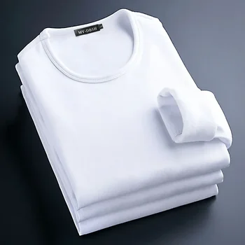 Плотная мужская бархатная черная тонкая футболка с длинным тепловым рукавом, мягкая белая осенне-зимняя футболка Homme Shirt Fit Изображение 2