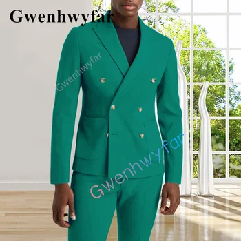 Модный двубортный костюм Гвенвифар, летний новый свадебный смокинг жениха в повседневном стиле, смокинг озерно-зеленого цвета, комплект из 2 предметов