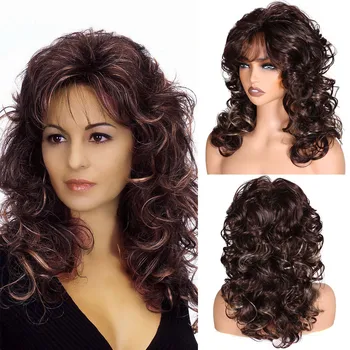 BCHR Длинные кудрявые волнистые темно-коричневые парики с челкой для женщин, натуральные Термостойкие синтетические парики