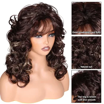 BCHR Длинные кудрявые волнистые темно-коричневые парики с челкой для женщин, натуральные Термостойкие синтетические парики Изображение 2