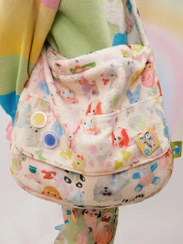 Японские сумки через плечо из овечьего флиса Harajuku с мультяшным принтом, зимние повседневные сумки через плечо для девочек большой емкости Ins Изображение 2