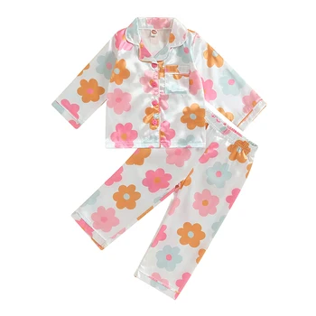 Одежда для маленьких девочек, Весенне-осенние пижамные комплекты, топы с цветочным принтом, с длинным рукавом, с лацканами, на пуговицах, Брюки с эластичной резинкой на талии, пижамы