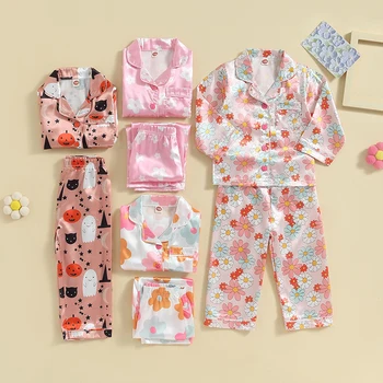 Одежда для маленьких девочек, Весенне-осенние пижамные комплекты, топы с цветочным принтом, с длинным рукавом, с лацканами, на пуговицах, Брюки с эластичной резинкой на талии, пижамы Изображение 2