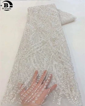 Brangdy 5 ярдов 2024 Роскошная 3D ткань с бисером, ткань с вышивкой тяжелыми блестками, модная французская тюлевая сетка, кружевная ткань для свадьбы
