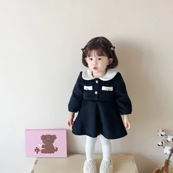 Комбинезоны Корейская детская одежда из плотного бархата, детская одежда, зимняя теплая одежда принцессы с отложным воротником 2023, простая повседневная