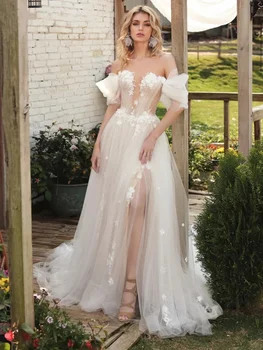 Изящное свадебное платье с открытыми плечами, Классическое свадебное платье с 3D цветочными аппликациями, Белое длинное платье невесты трапециевидной формы, Vestidos De Novia