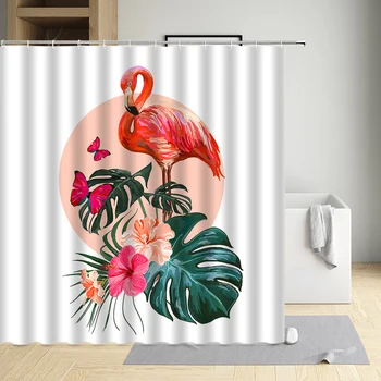 Занавески для душа с розовым Фламинго, Тропические животные, Мультяшные Зеленые растения, цветы, современное украшение ванной комнаты для дома, ширма с крючками Изображение 2