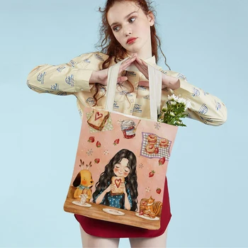 Милая модная сумка для покупок с рисунком из мультфильма для женщин, многоразовая Повседневная детская холщовая сумка-тоут с двусторонним принтом, дорожная сумочка
