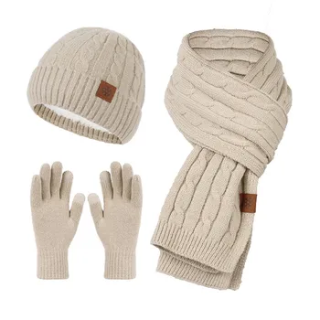 Женские комплекты шапок, шарфов и перчаток, зимний вязаный согревающий мягкий толстый комплект из трех предметов, Рождественский женский флисовый теплый шарф, комплект