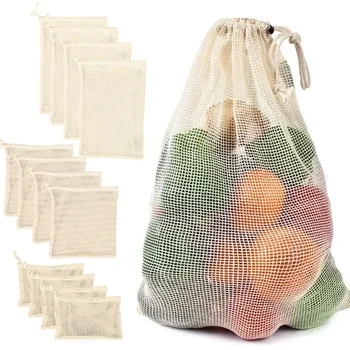 Хлопчатобумажные сетчатые пакеты для овощей, сумка для продуктов, многоразовая хлопчатобумажная сетчатая сумка для хранения овощей, кухонная сумка для фруктов и овощей с завязками