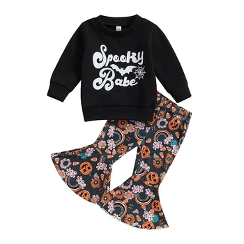 Комплект штанов Caoirhny для маленьких девочек, толстовка с буквенным принтом и расклешенными штанами с рисунком радужной тыквы, одежда на Хэллоуин