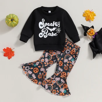 Комплект штанов Caoirhny для маленьких девочек, толстовка с буквенным принтом и расклешенными штанами с рисунком радужной тыквы, одежда на Хэллоуин Изображение 2