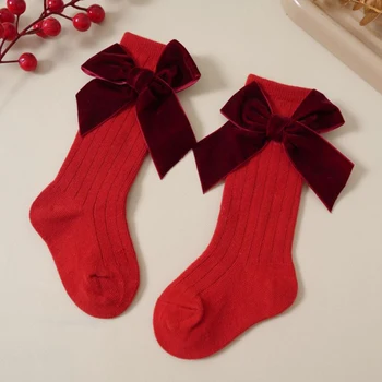 Рождественские Носки для маленьких девочек С милым бантом, длинные носки-трубочки, мягкие чулки, детские нескользящие носки 0-4 лет Изображение 2