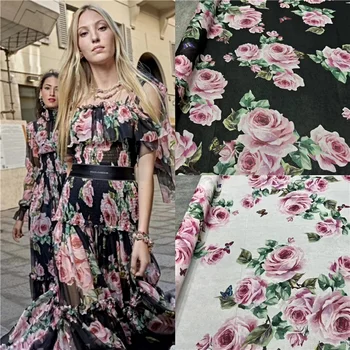 Модная шелковая ткань из жоржета с розовым принтом, роскошное платье 