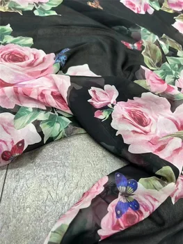 Модная шелковая ткань из жоржета с розовым принтом, роскошное платье 