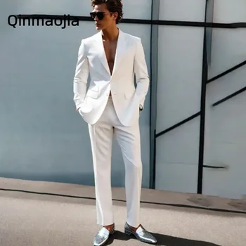 Белые мужские костюмы для джентльменов, повседневные однобортные Официальные брюки с остроконечным лацканом, из 2 частей, облегающий костюм Slim Fit